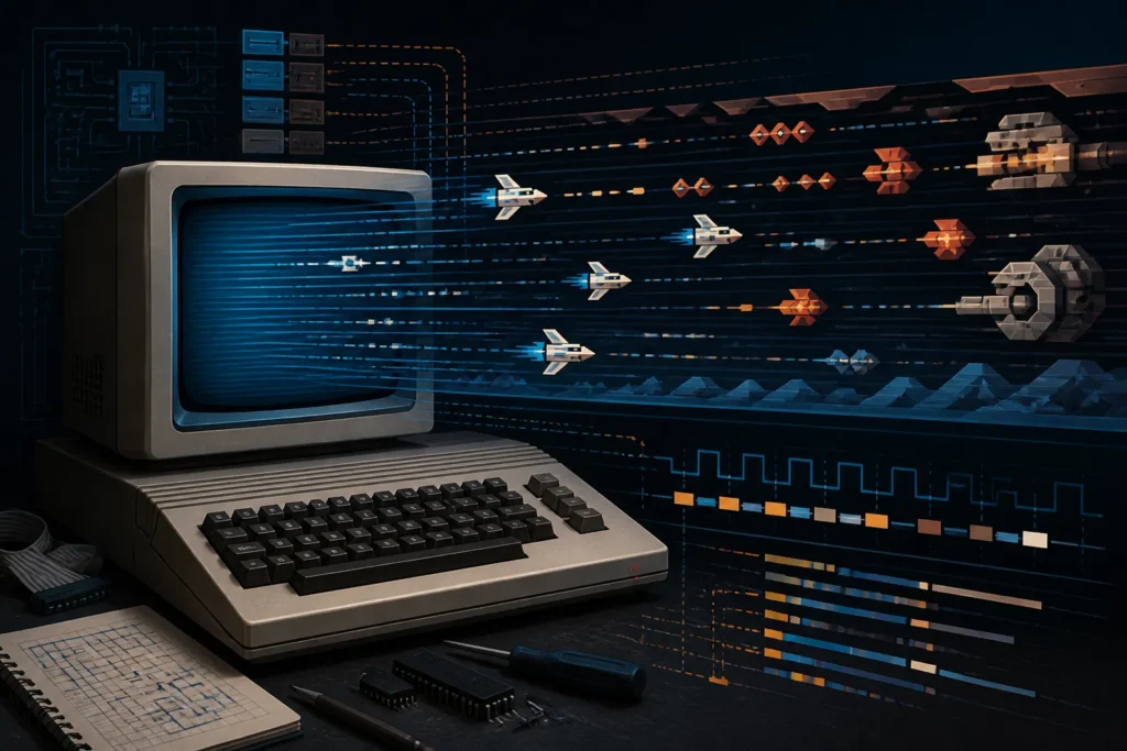 Illustrazione concettuale di un computer retro con uno sparatutto a scorrimento orizzontale astratto e simboli visivi di programmazione e sincronizzazione.