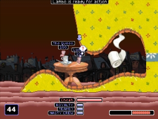 Schermata di gioco di Worms Armageddon nella versione originale PlayStation.