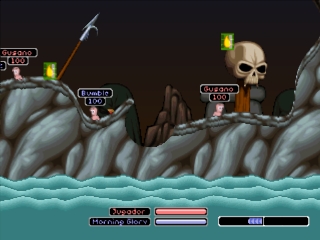 Schermata di gioco di Worms World Party nella versione originale PlayStation.