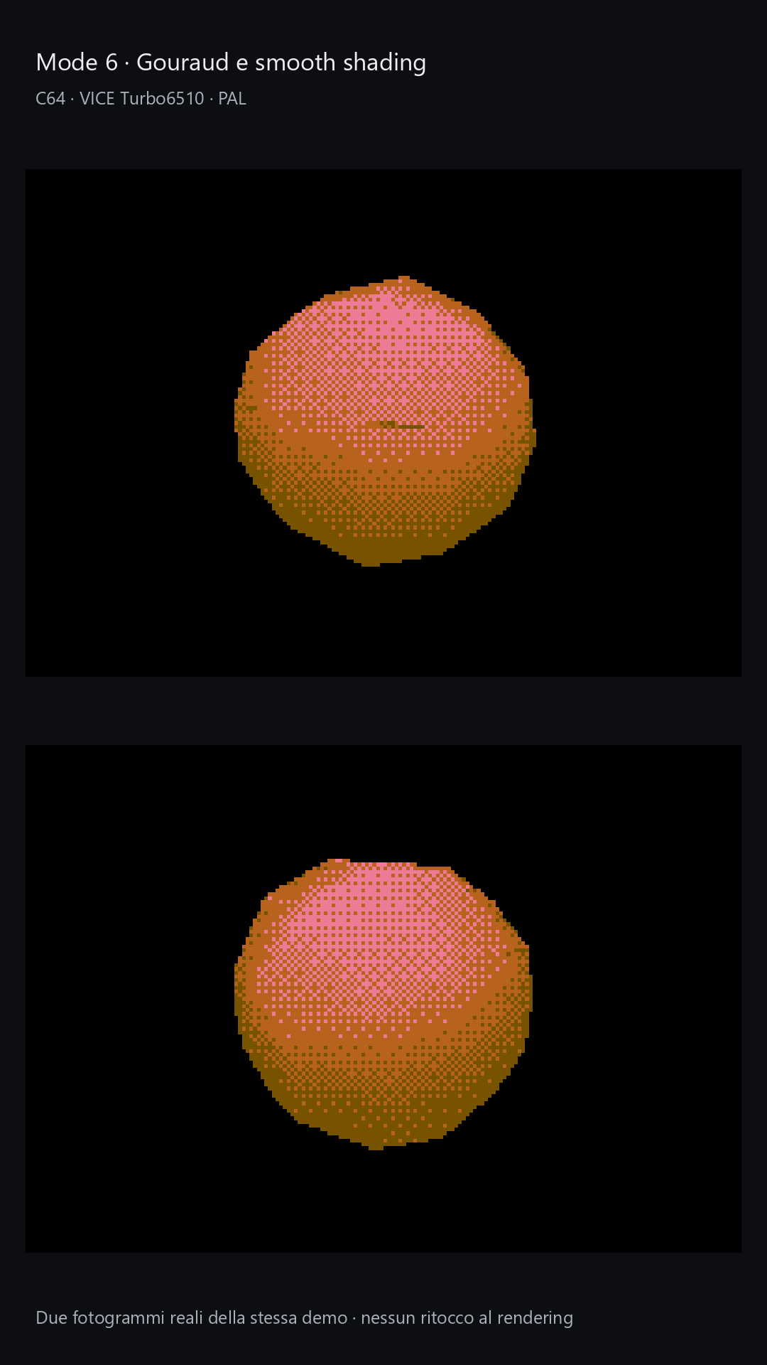 Mode 6: Gouraud smooths the lighting variation without adding polygons to the silhouette. Real VICE screenshots.