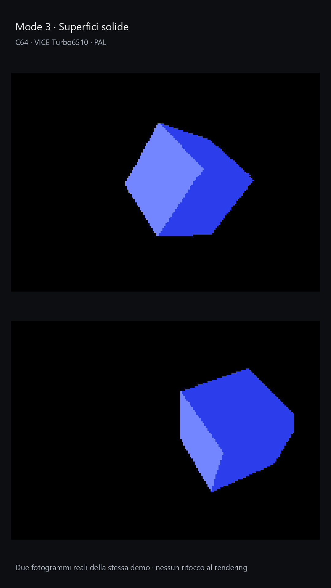 Mode 3: a cube with filled surfaces and static shading, captured in two orientations. Real VICE screenshots.