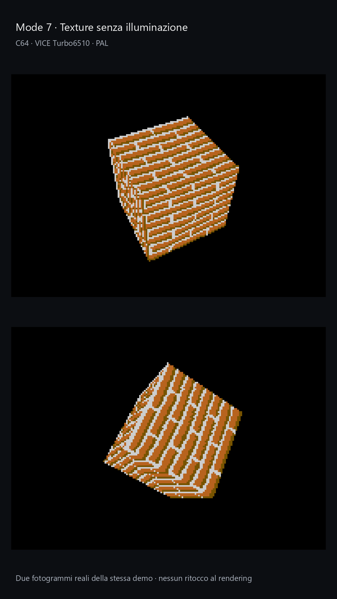 Mode 7 without lighting: a brick texture on a rotating cube. Real VICE screenshots.