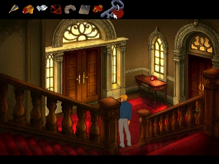 Schermata di gioco di Broken Sword II: La profezia dei Maya nella versione originale PlayStation.