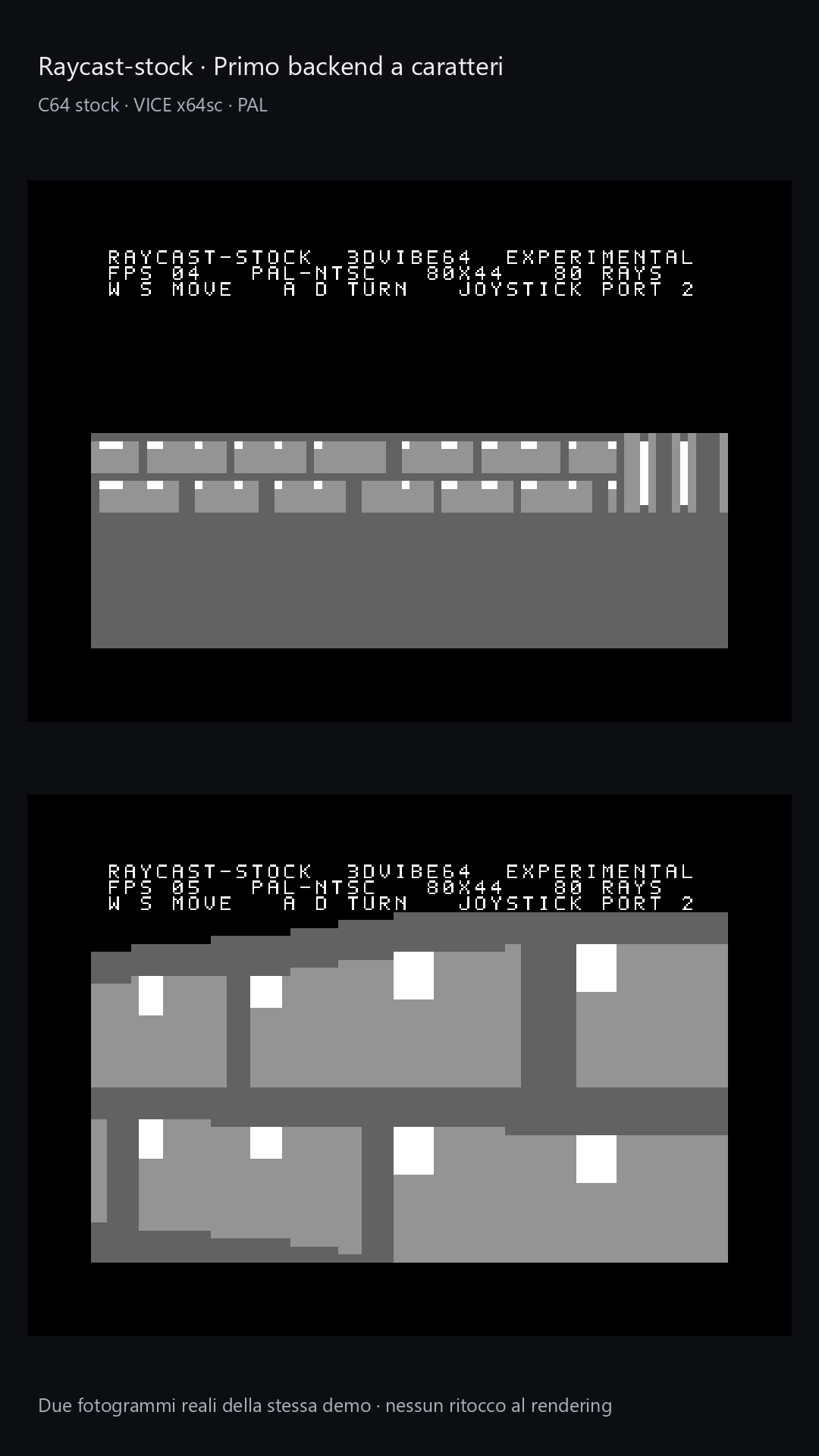 The raycast-stock prototype: 8×8 textures and a viewport composed with a fixed multicolor charset. Real VICE screenshots.