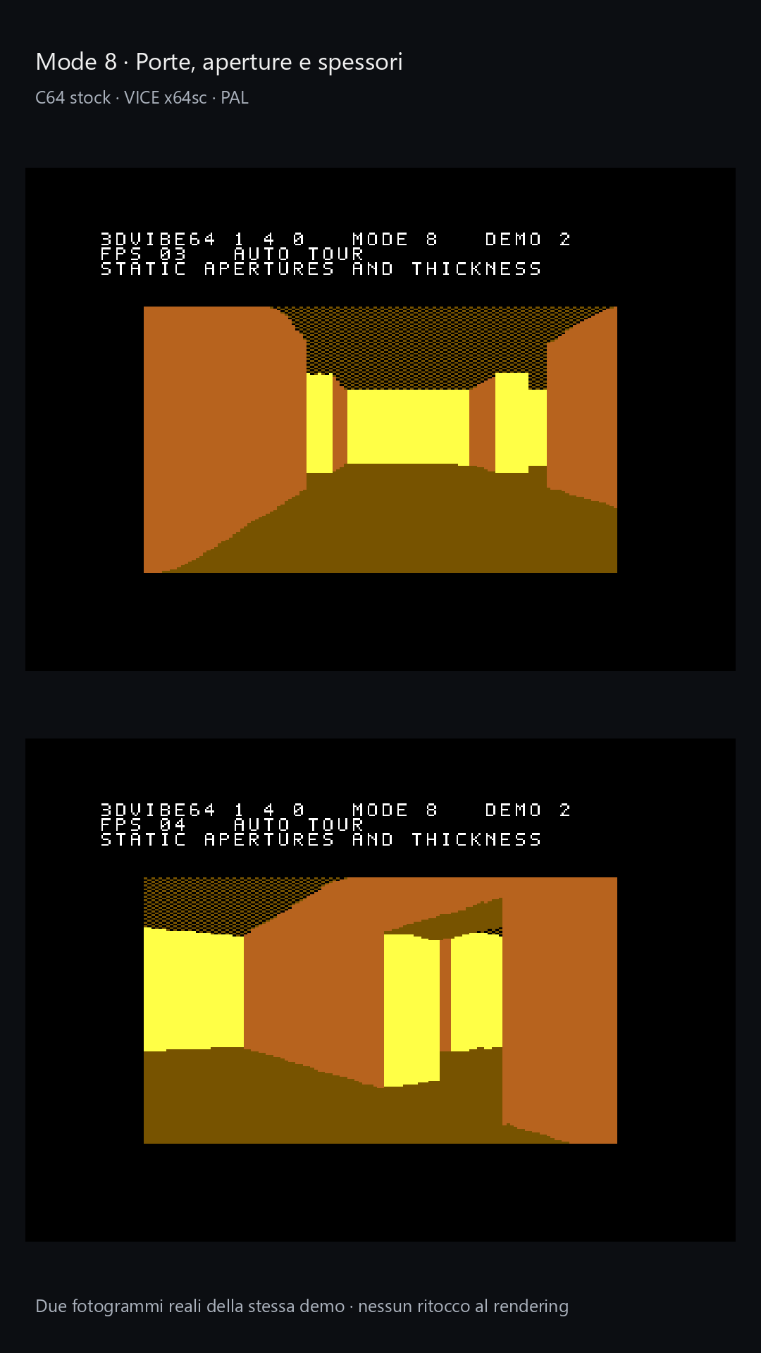 Single-level Mode 8: corridors, lintelled openings and wall thickness. Real VICE screenshots.