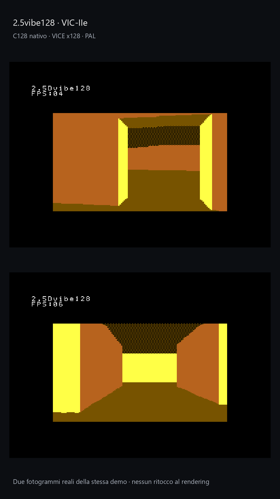 Native C128 port with VIC-IIe: two views from the automatic demo. Real VICE screenshots.
