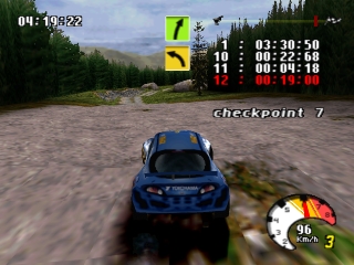 Schermata di gioco di Mobil 1 Rally Championship nella versione originale PlayStation.