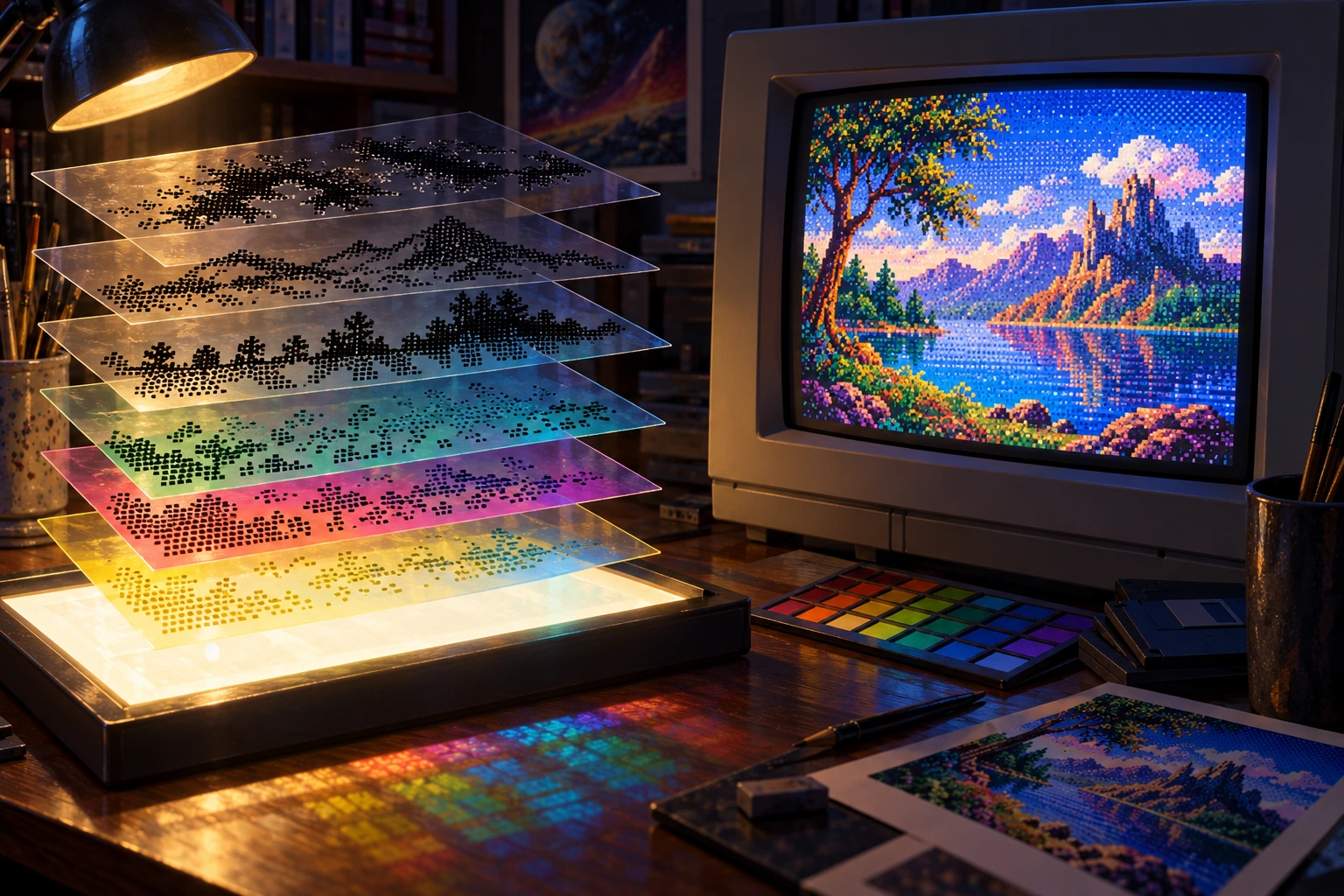 Interpretazione artistica dei piani di bit come fogli sovrapposti accanto a un’immagine colorata su CRT.