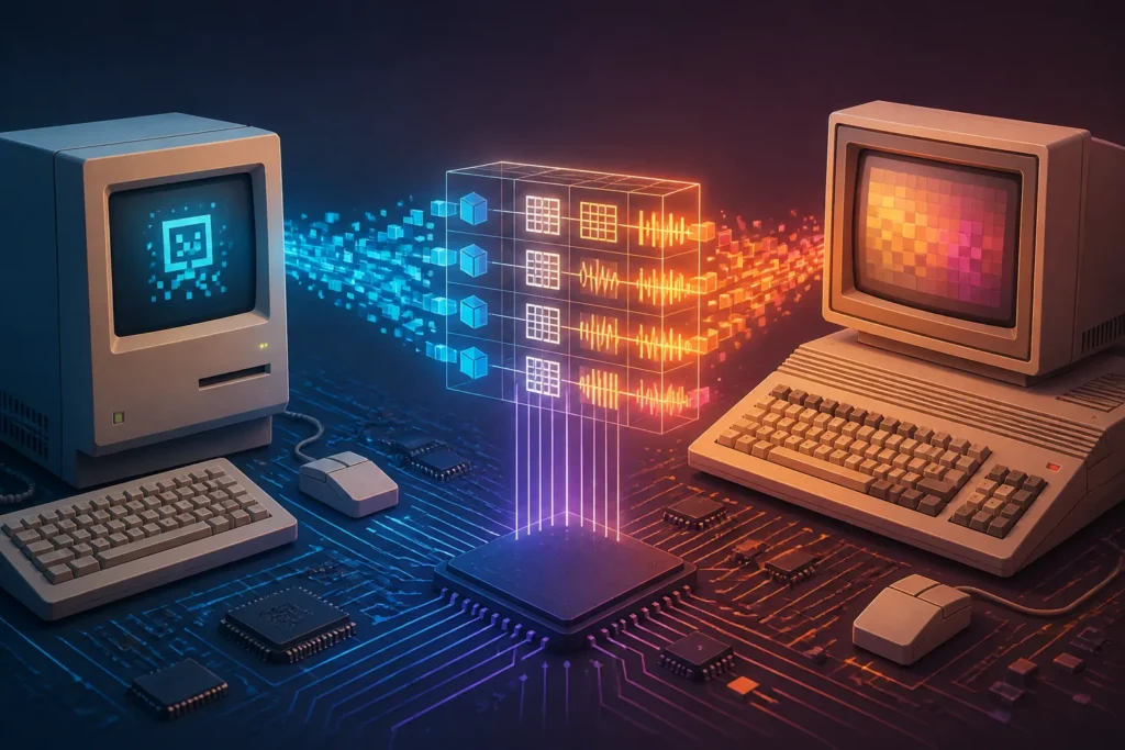 Schema concettuale del passaggio di codice e servizi tra Macintosh 68k e Amiga AGA tramite un layer di compatibilità.