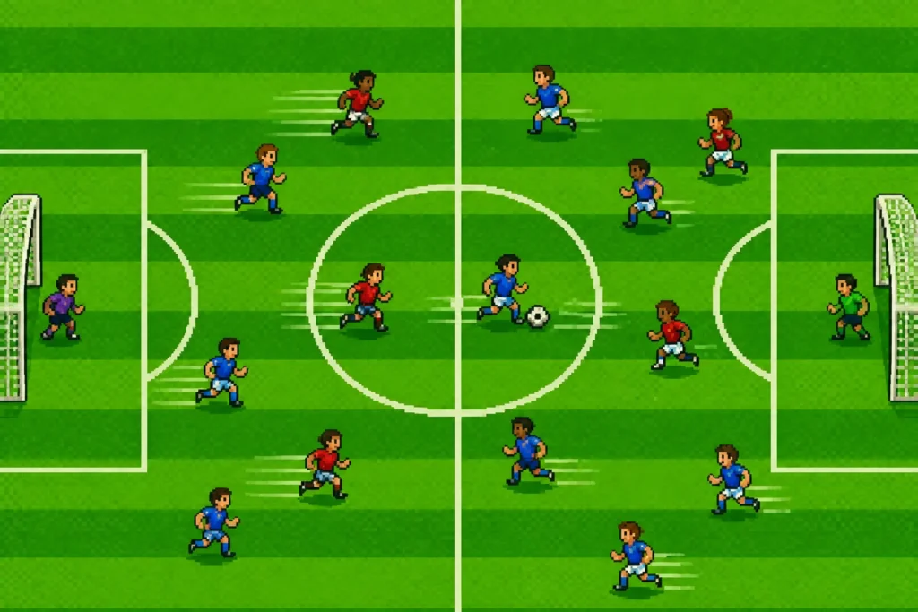 Campo da calcio in visuale dall'alto con piccoli giocatori stilizzati durante un'azione rapida, in stile retro-gaming.