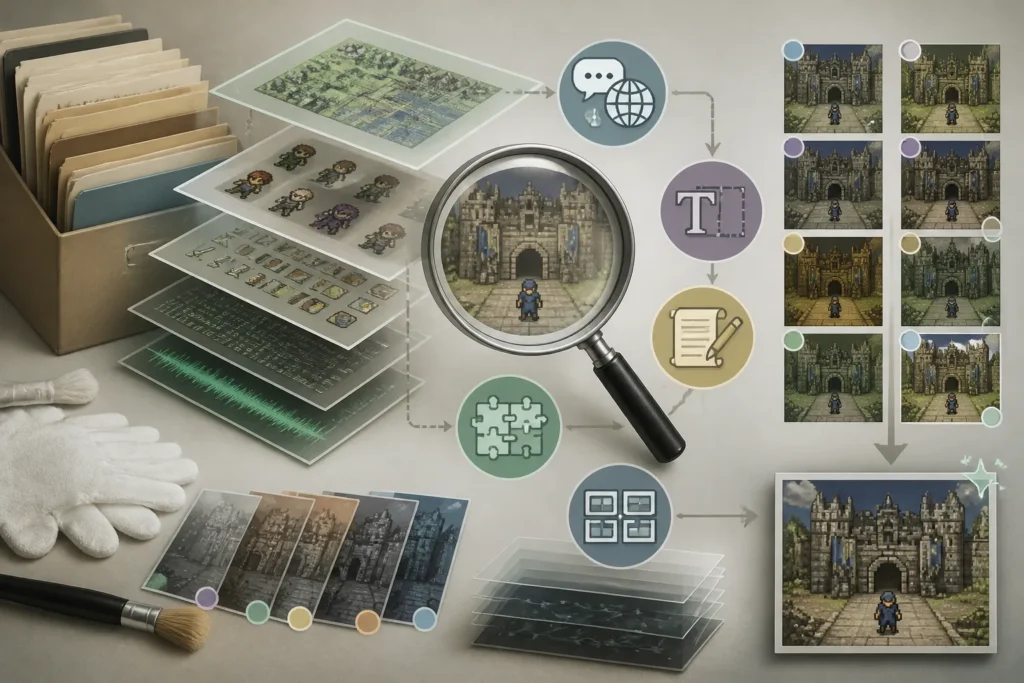 Illustrazione concettuale di traduzione, correzione e restauro come manutenzione di archivi di gioco.