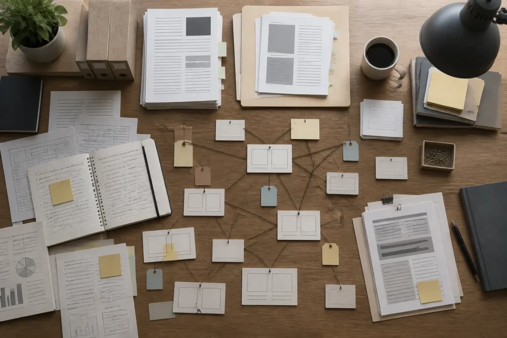 Documenti diversi organizzati come un inventario con schede e collegamenti concettuali.