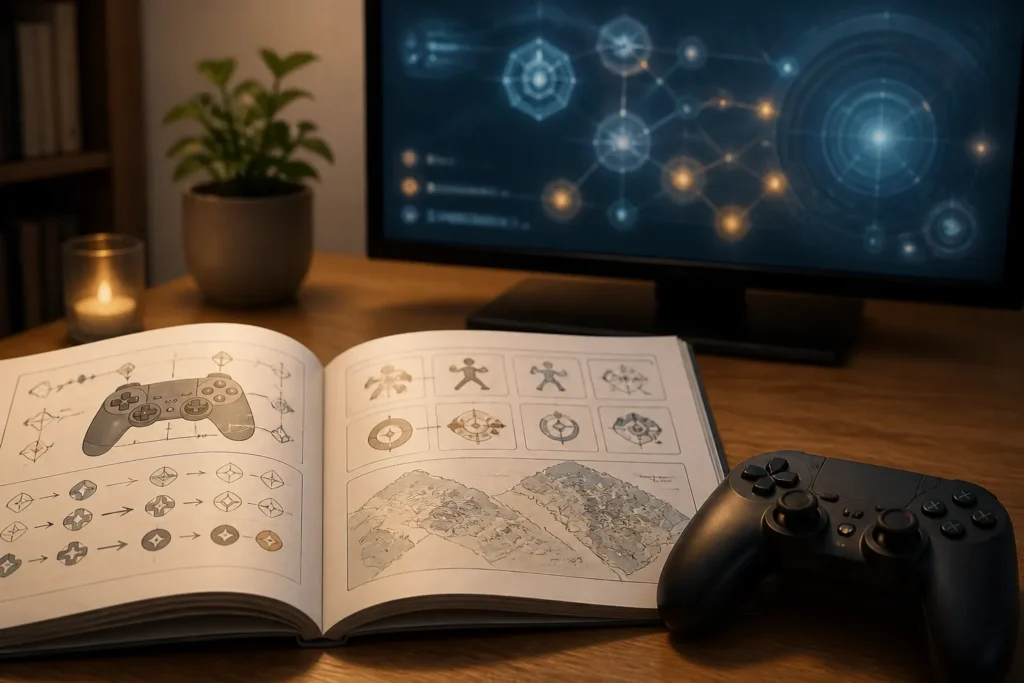 Manuale di videogioco aperto accanto a un controller e a uno schermo, per mostrare la documentazione come parte dell’interfaccia.