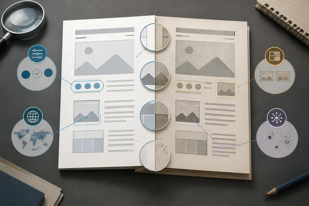 Due pagine di manuale affiancate con differenze evidenziate, per rappresentare l’analisi comparativa delle varianti.