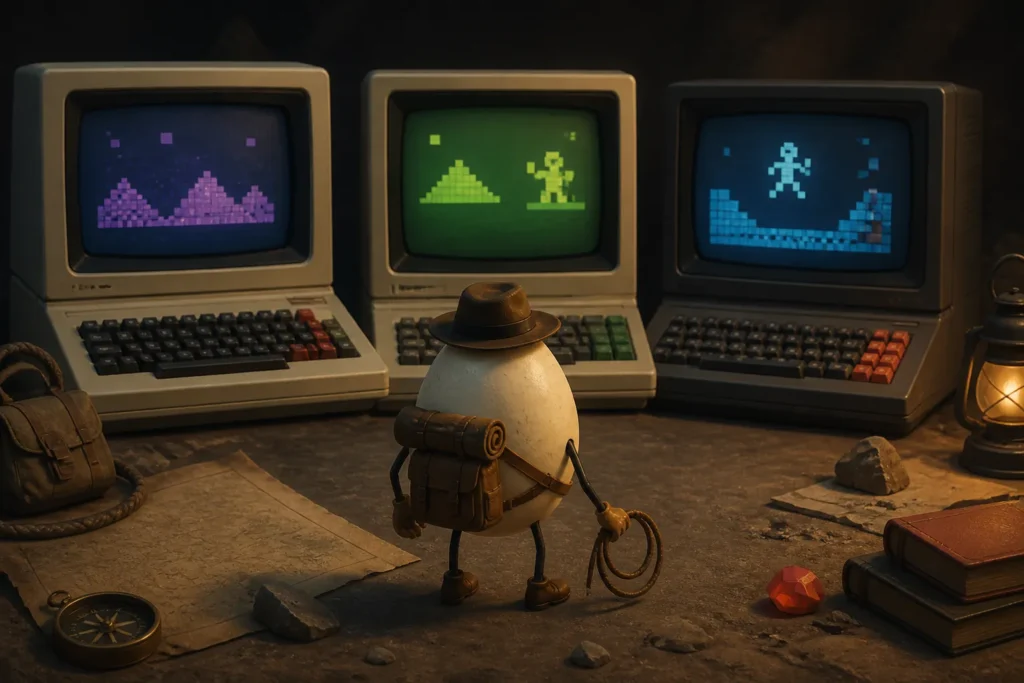 Un personaggio a forma di uovo in un contesto retrò che richiama gli home computer britannici degli anni ’80.