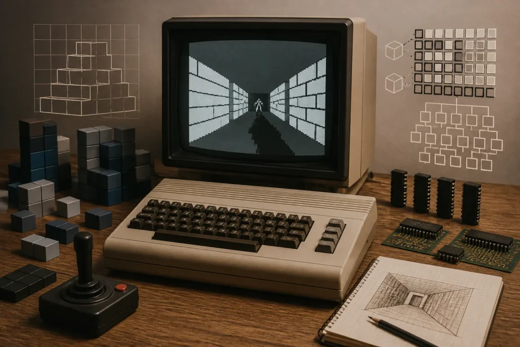 Un computer 8-bit con sullo schermo una scena in prima persona semplificata, a evidenziare il contrasto tra Doom e i limiti del C64.