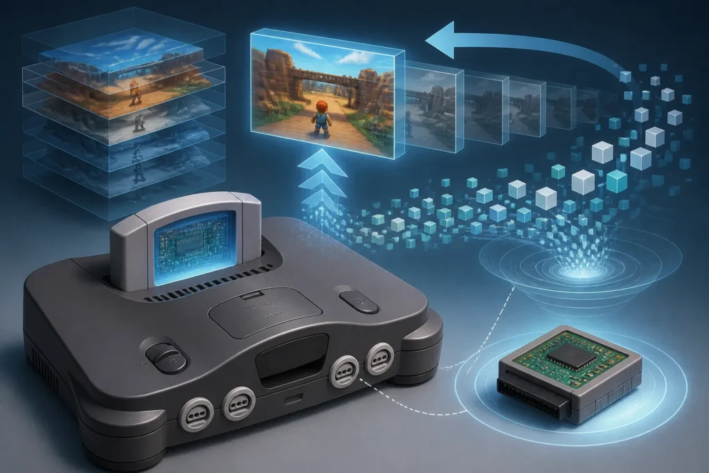 Console Nintendo 64 stilizzata con modulo di memoria evidenziato e simboli astratti che rappresentano i savestate.