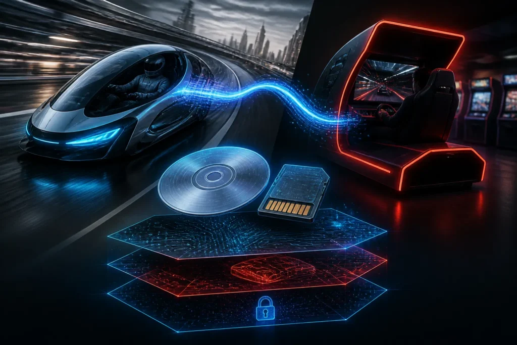 Illustrazione concettuale di due veicoli futuristici collegati da un ponte di dati, a simboleggiare il legame tra gioco domestico e sala giochi.