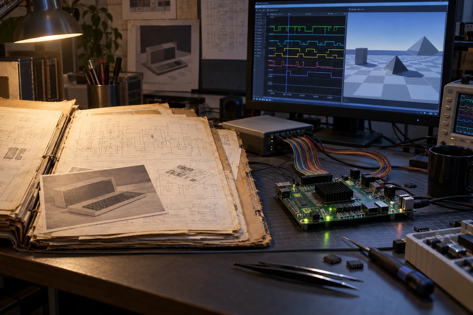 Illustrazione concettuale di documenti d’archivio accanto a una scheda FPGA moderna e strumenti di verifica.