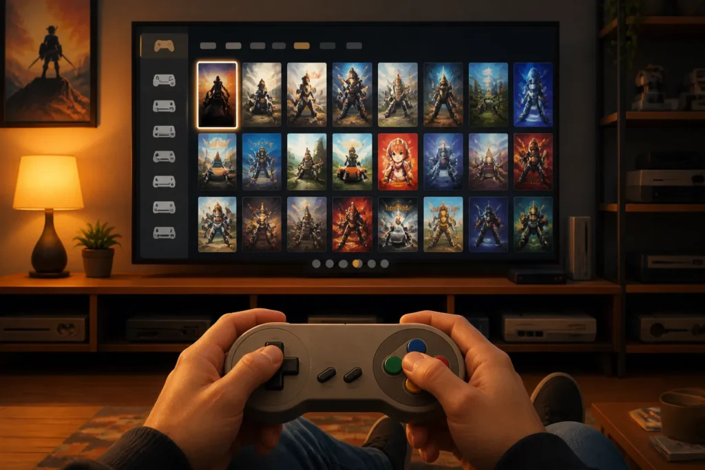 Una schermata di libreria videoludica retro con copertine, elenco sistemi e navigazione tramite controller.