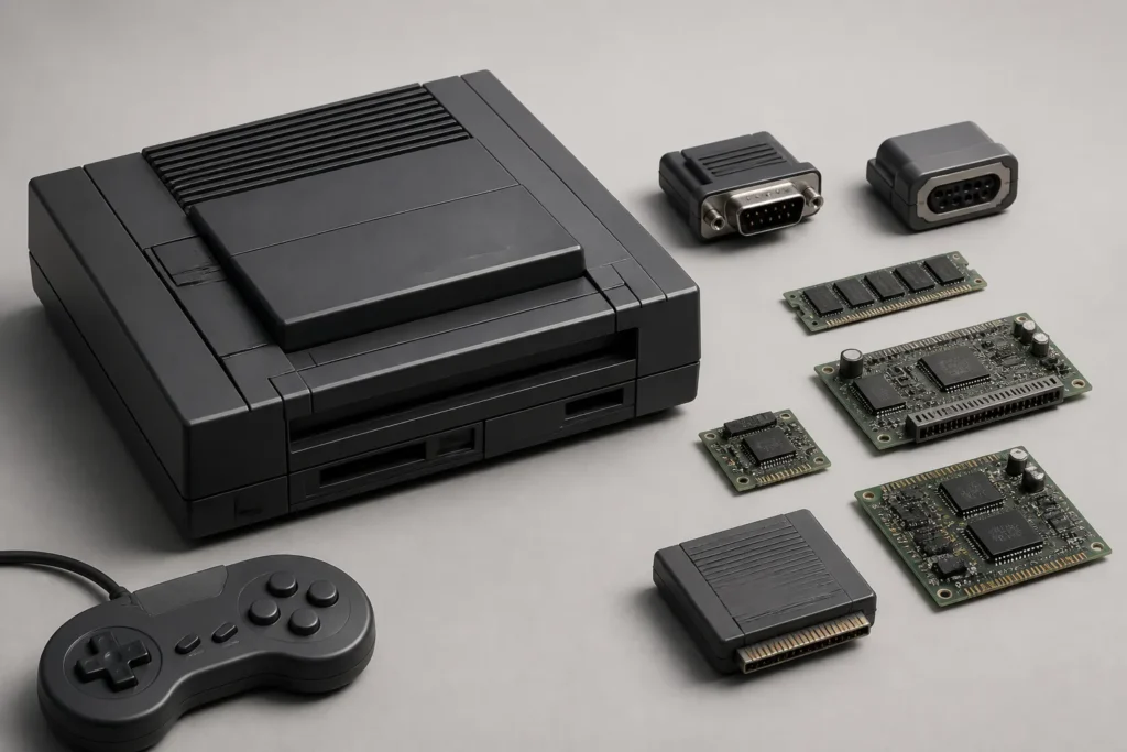 Rappresentazione concettuale di un kit retro con case ispirato al Saturn, porte analogiche e moduli interni visibili.