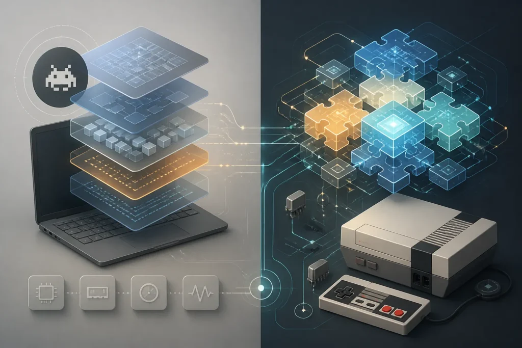 Confronto concettuale tra emulazione software e ricostruzione tramite FPGA, rappresentato con blocchi astratti e flussi digitali.