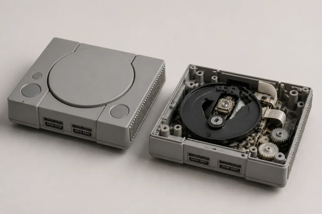 Una console da gioco anni ’90 con il lettore ottico in evidenza, mostrato come componente meccanico fragile accanto alla macchina integra.