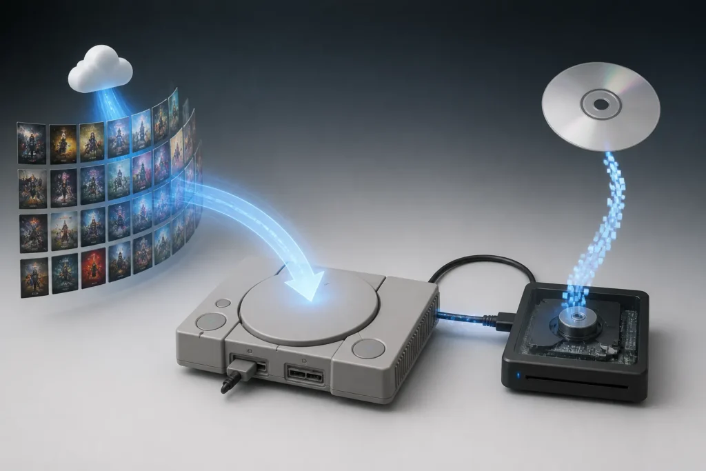 Una console retrò collegata a un modulo che sostituisce il lettore ottico, con i giochi che arrivano da uno storage moderno.