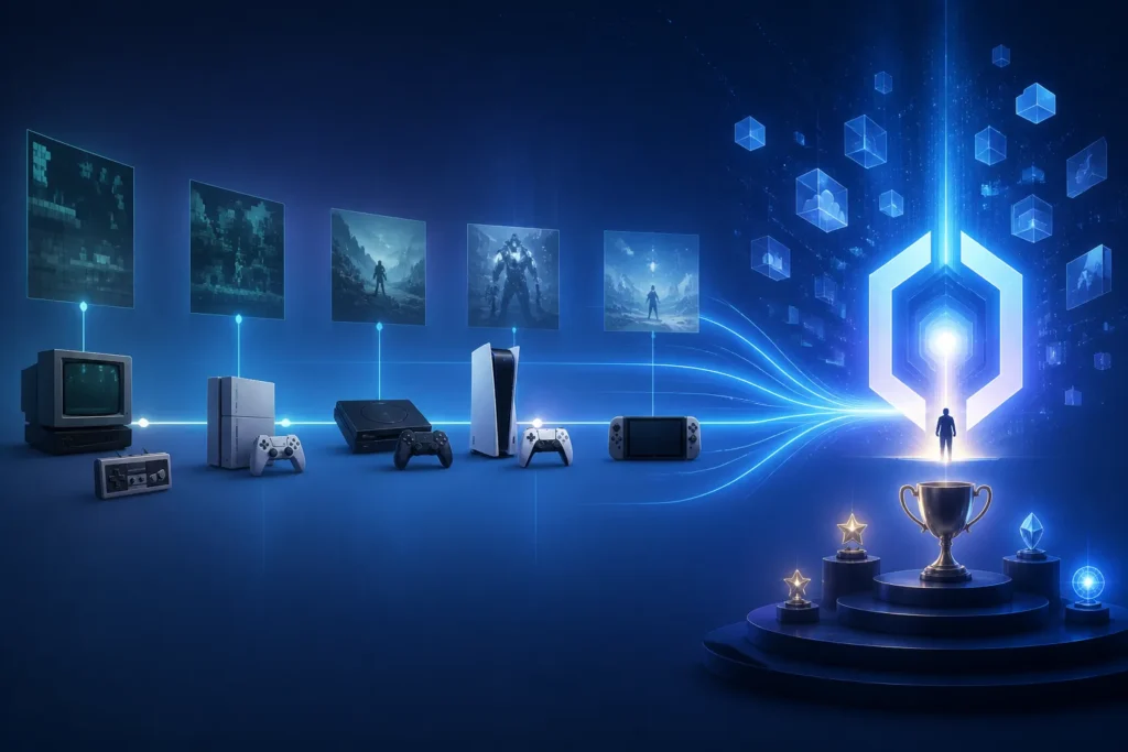 Rappresentazione concettuale della retroattività degli obiettivi Xbox su giochi di diverse generazioni.
