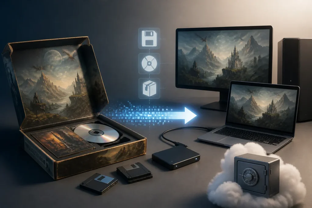 Rappresentazione concettuale della preservazione digitale di un gioco PC tramite manutenzione e archiviazione.