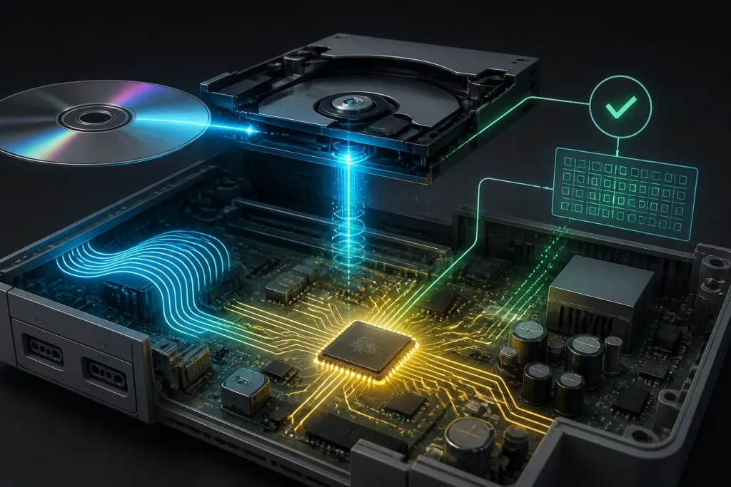 Illustrazione concettuale della catena di avvio di una console con disco, circuiti interni e chip di sicurezza evidenziato.