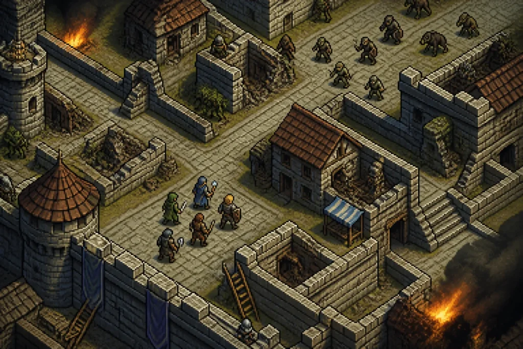 Un gruppo di avventurieri esplora una città fantasy assediata, in una scena tattica vista dall’alto.