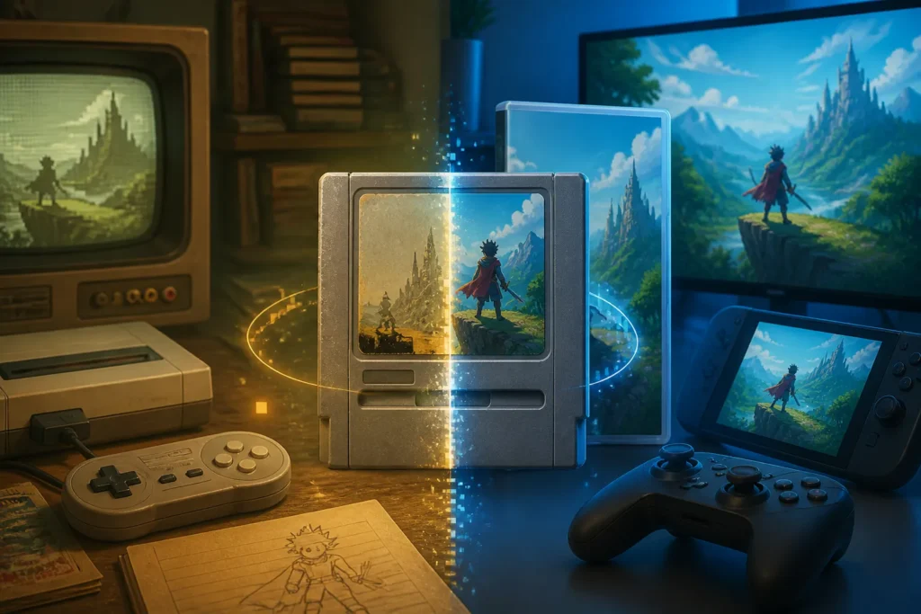 Illustrazione concettuale con lo stesso videogioco mostrato nella sua epoca originale e in una nuova edizione moderna.
