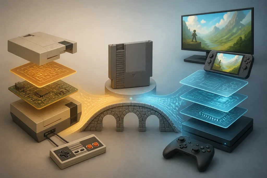 Illustrazione concettuale del passaggio da hardware originale a emulazione o porting moderno.