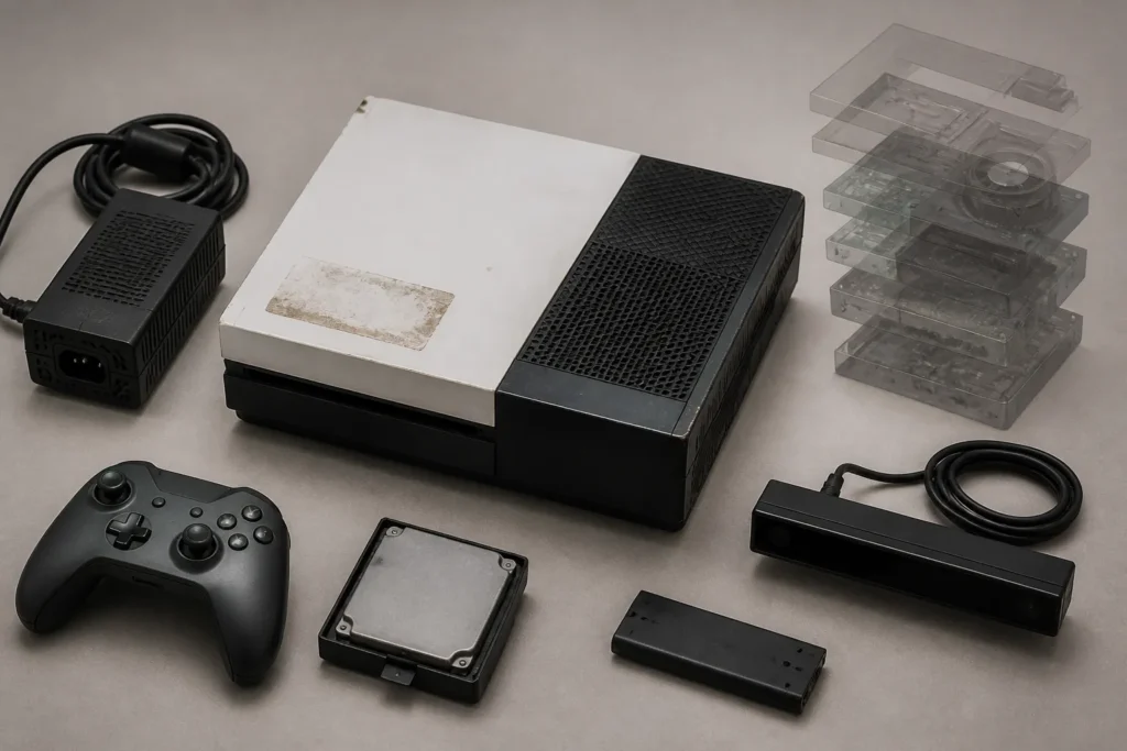 Console con guscio sostituito, etichetta abrasa e alimentatore non coerente, in una composizione che suggerisce incertezza sull’identificazione.