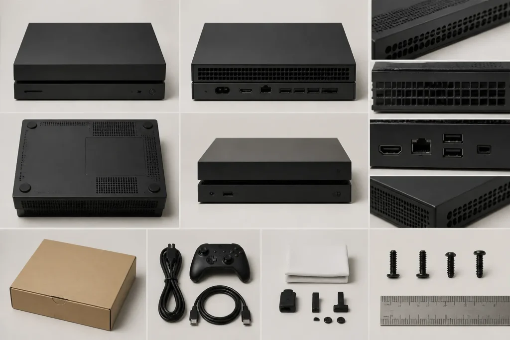 Set fotografico ordinato con viste della console, etichetta, connettori, viti, griglie e accessori separati.