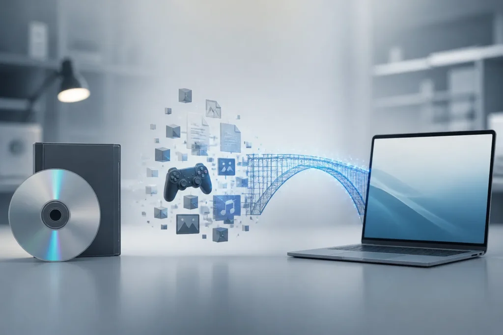Illustrazione concettuale della preservazione: supporto fisico, dati del gioco e software che li rende eseguibili su un sistema moderno.