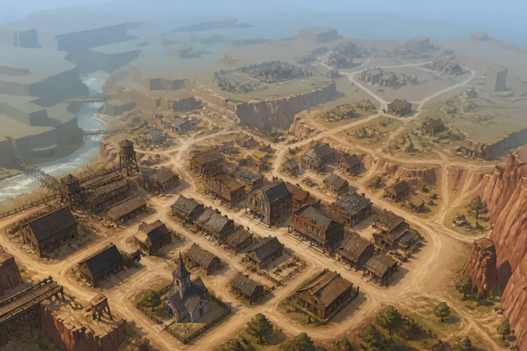 Illustrazione concettuale di una città western suddivisa in aree collegate, per rappresentare un mondo aperto su una macchina storica.