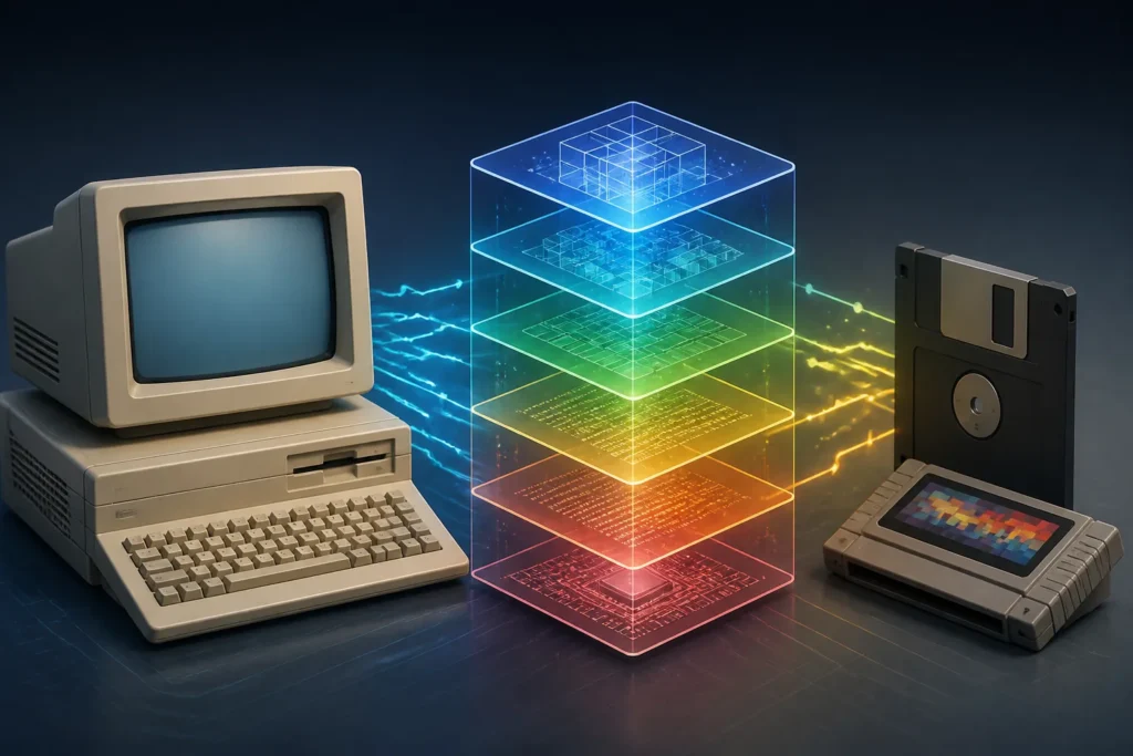 Illustrazione concettuale di un interpreter che media tra un vecchio gioco e un computer Amiga.