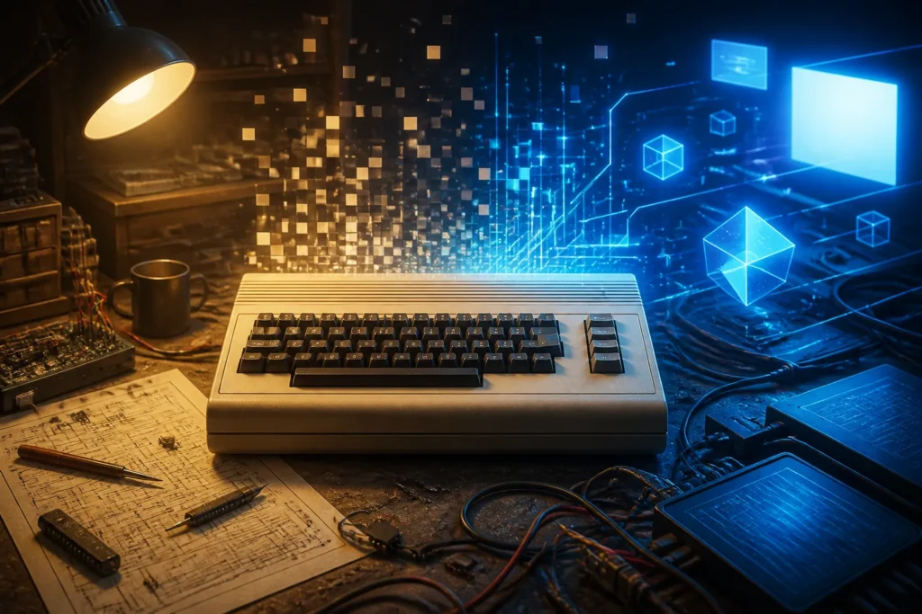 Illustrazione concettuale di un computer retrò affiancato da elementi astratti che evocano lo sviluppo moderno e i vincoli tecnici.