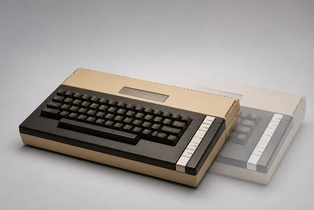 Replica concettuale di un Atari 800XL a grandezza naturale, con tastiera completa e look retrò.