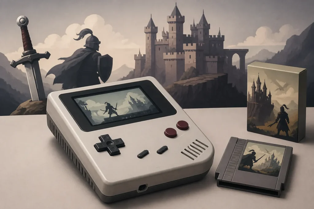 Una console portatile retrò accanto a una cartuccia e a una confezione generica, con elementi medievali simbolici sullo sfondo.