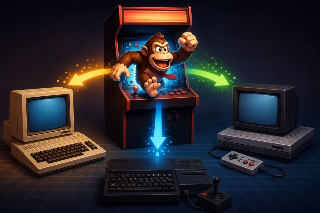 Un cabinato arcade retro collegato visivamente a tre sistemi domestici vintage, a rappresentare le nuove conversioni di Toki.