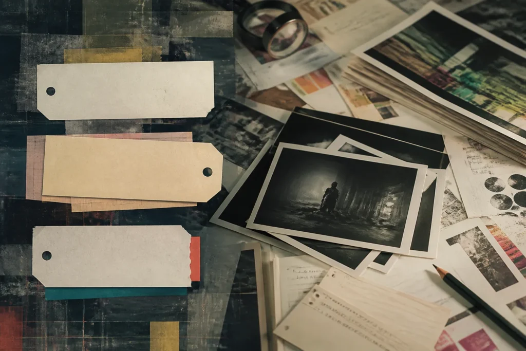 Una scena d'archivio con documenti e ritagli che suggeriscono un videogioco dal nome in evoluzione.