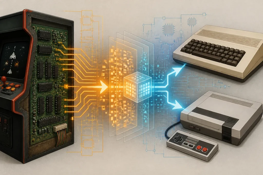 Illustrazione concettuale del trasferimento di una logica arcade da un hardware Z80 a due piattaforme basate su 68000.